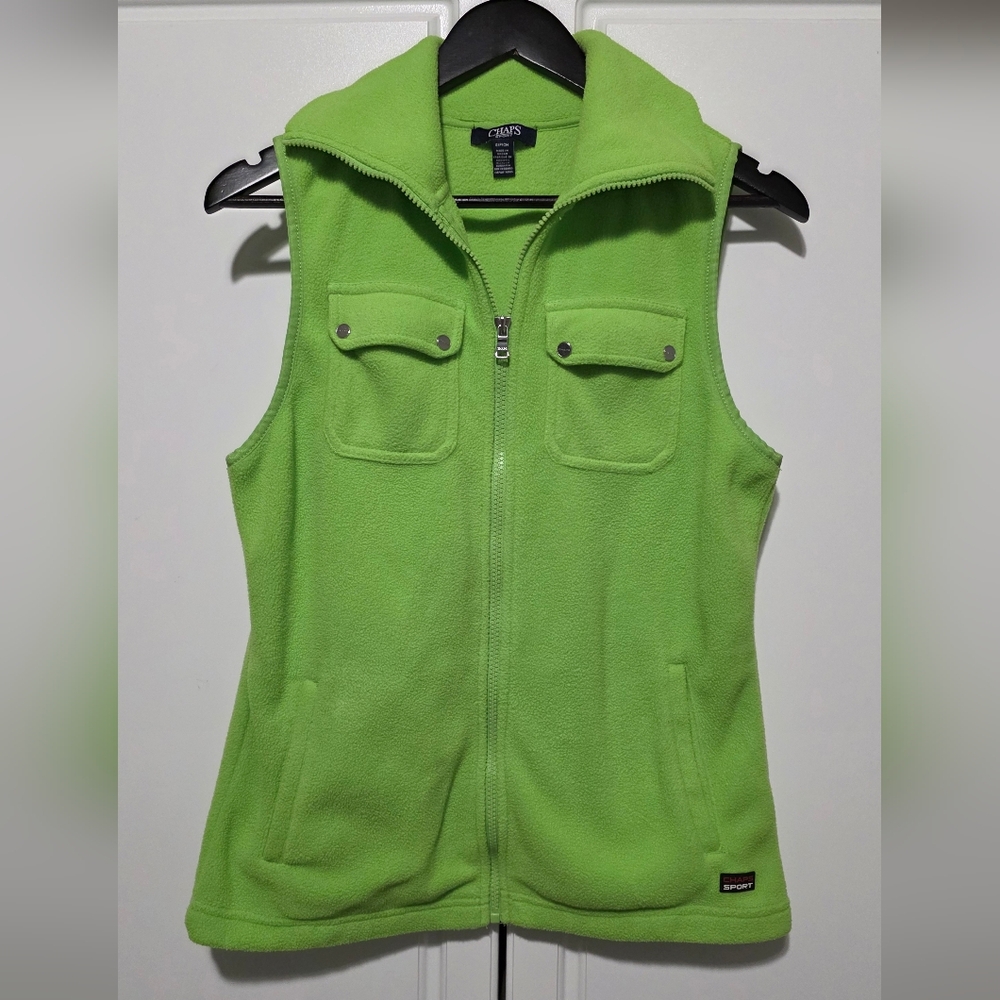 Chaps Sport Womens Lime Green Fleece Full Zip Cargo Vest Snap Chest Pocket Small